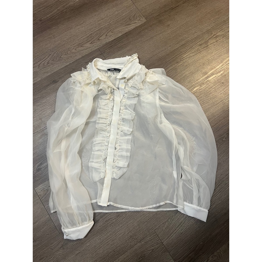 Zara White Sheer Mesh Ruffle Blouse Pearl Collar Long Sleeve Top Size S